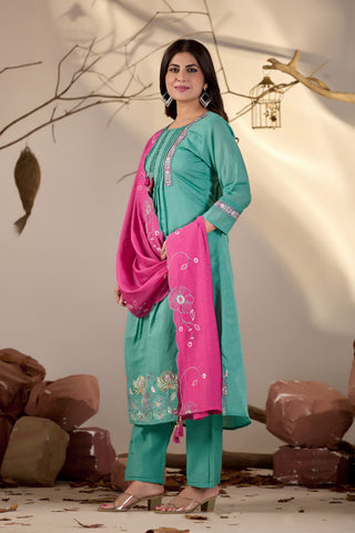 Sea Green Pintuck Kurta Set with Fuchsia Pink Floral Dupatta
