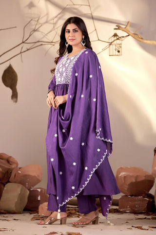 Purple Flared Anarkali Kurta Set with White Chikankari Embroidery