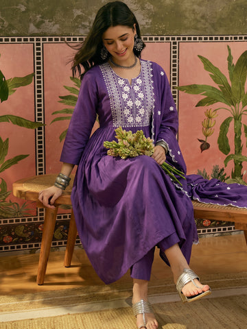 Purple Anarkali Kurta Set with White Chikankari-Style Embroidery