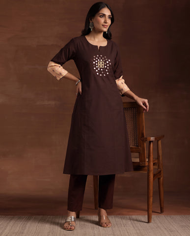 Coffee Brown Mirror Work Kurta with Ikat Print Sleeves & Pant
