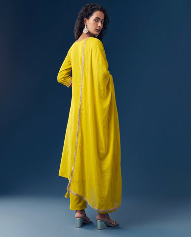 Women's Mustard Yellow Mirror Work Kurta Pant Set with Dupatta