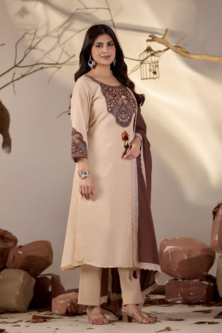Beige Straight Kurta Set with Brown Peacock Embroidery & Lace-Trim Dupatta
