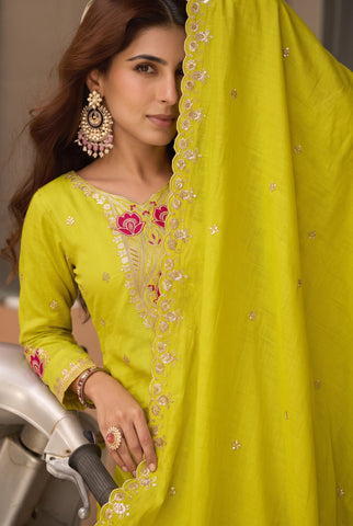 Mehendi Green Embroidered Straight Suit with Scalloped Dupatta