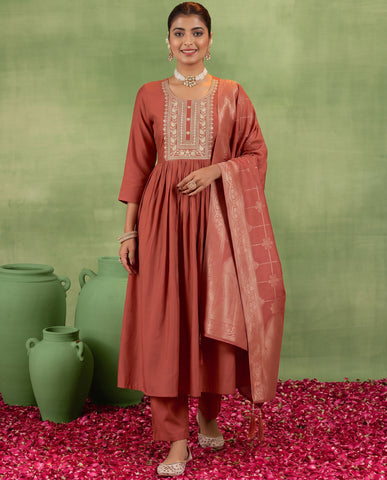 Women's Rust Embroidered Ethnic Kurta Suit Set with Jacquard Dupatta