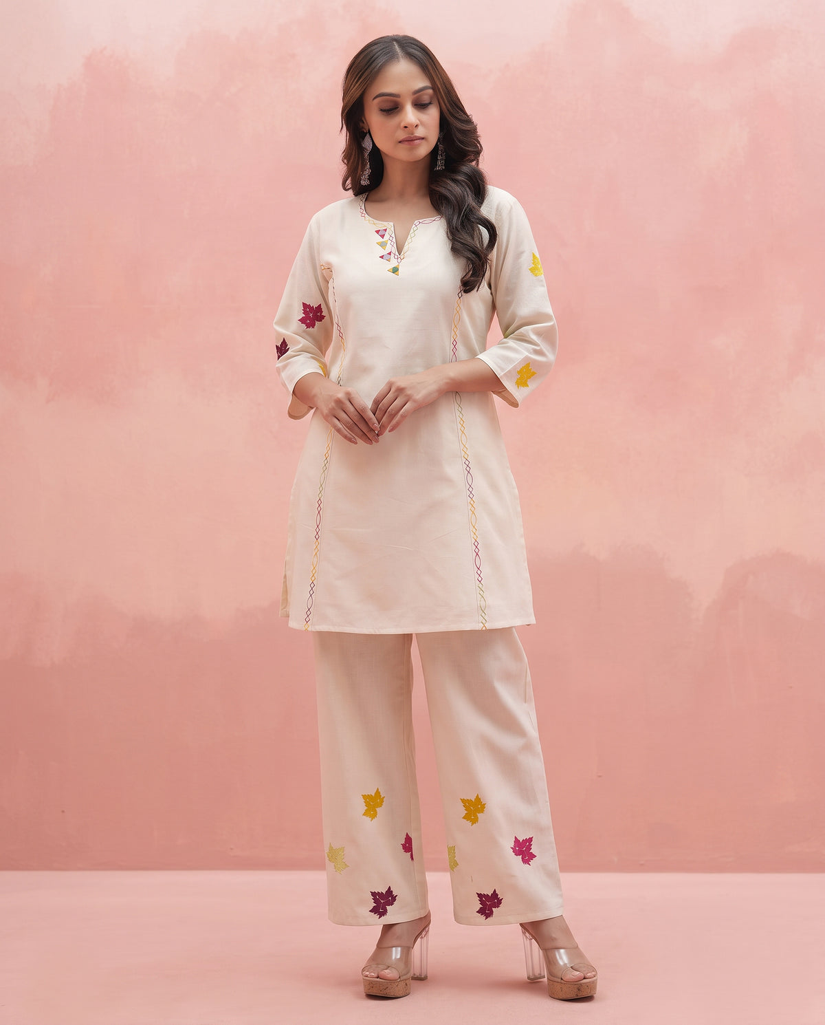 Women's Ivory Cotton Embroidered Kurta Pants Set
