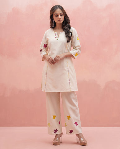 Women's Ivory Cotton Embroidered Kurta Pants Set