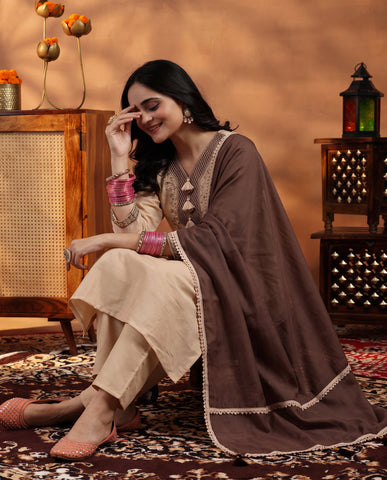 Cream Embroidered Cotton A-Line Suit Set for Women with Brown Dupatta