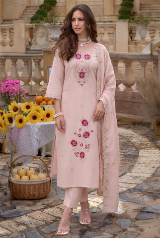Baby Pink Embroidered Straight Kurta Set with Sequin-Work Dupatta