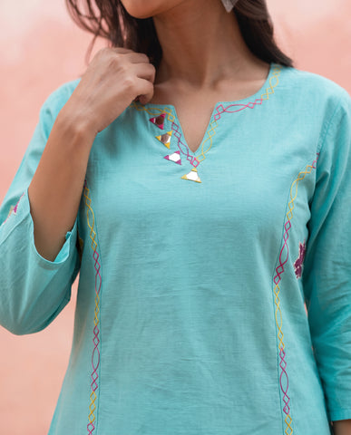 Sea Green Leaf Embroidered Cotton Kurta Palazzo Set for Women