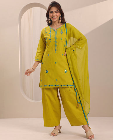 Lemon Green Embroidery Worked Short Kurta Suit Set With Dupatta