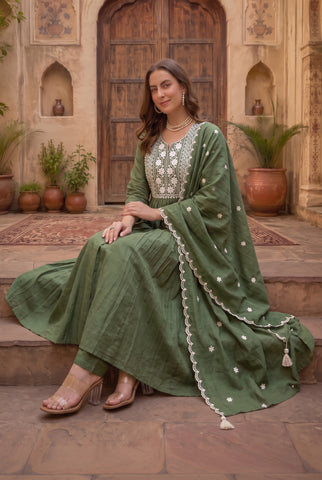 Olive Green Anarkali Suit with White Embroidered Yoke