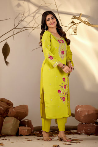 Lime Green Embroidered Straight Kurta Set with Scalloped Dupatta