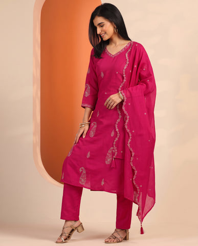 Rani Pink Embroidered Cotton A-Line Suit Set for Women with Dupatta