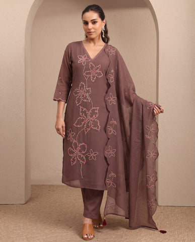 Women's V-Neck Embroidered Kurta with Pants & Dupatta