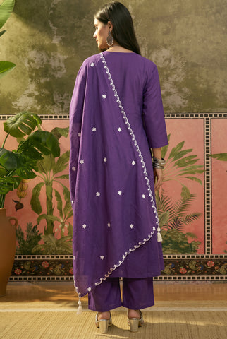 Purple Anarkali Kurta Set with White Chikankari-Style Embroidery