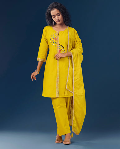 Women's Mustard Yellow Mirror Work Kurta Pant Set with Dupatta