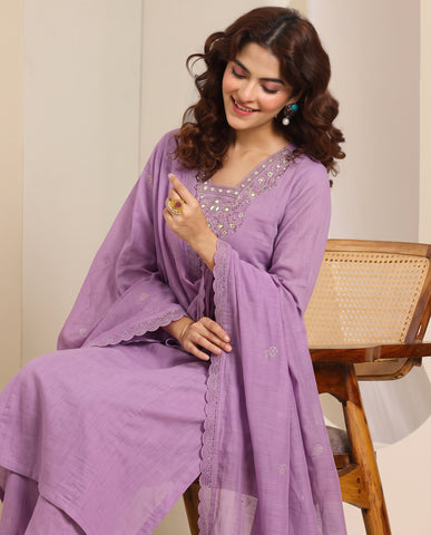Purple Embroidered Cotton A-Line Kurta Set for Women with Dupatta