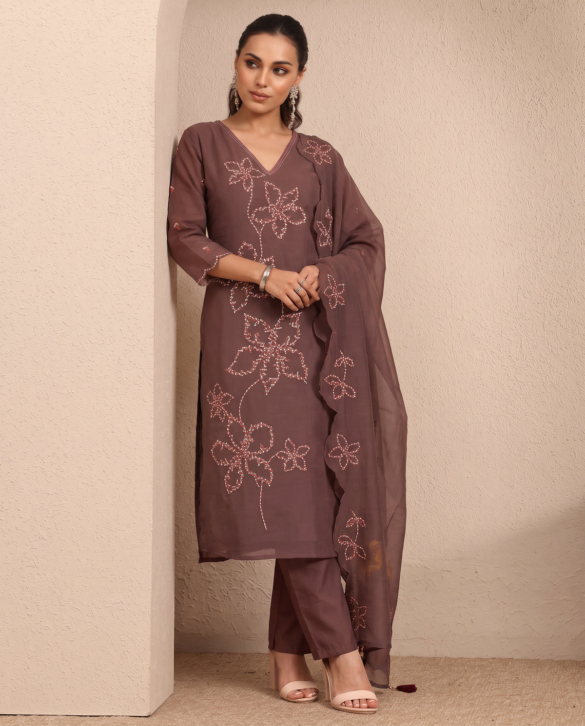 Women's V-Neck Embroidered Kurta with Pants & Dupatta
