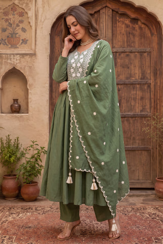 Olive Green Anarkali Suit with White Embroidered Yoke