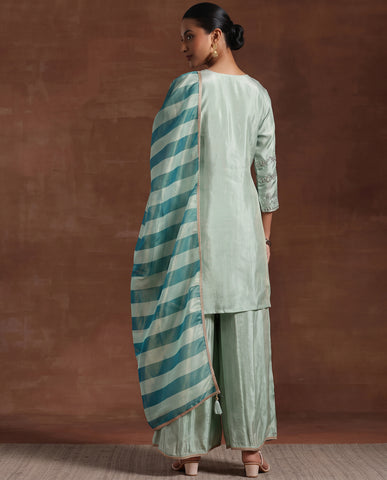 Sky Blue Embroidery Neck Work Short Kurta Suit Set With Dupatta