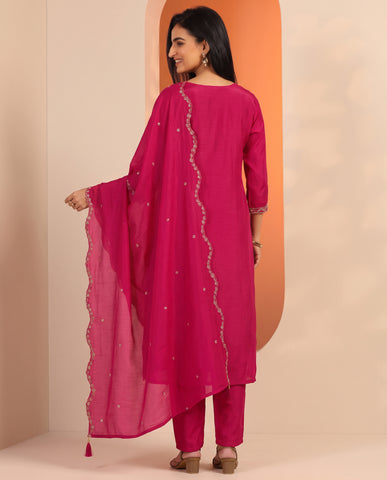 Rani Pink Embroidered Cotton A-Line Suit Set for Women with Dupatta