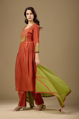 Rust Orange Cotton A-Line Kurta Set for Women with Dupatta