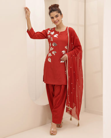 Orange Foil Work Farshi Salwar Set With Dupatta