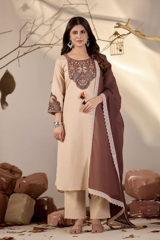 Beige Straight Kurta Set with Brown Peacock Embroidery & Lace-Trim Dupatta