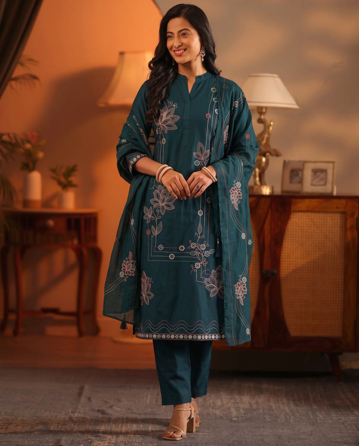 Navy Blue Embroidered Cotton A-Line Kurta Set for Women with Dupatta
