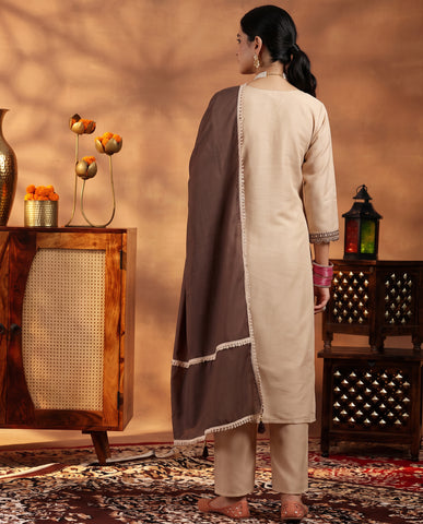 Cream Embroidered Cotton A-Line Suit Set for Women with Brown Dupatta