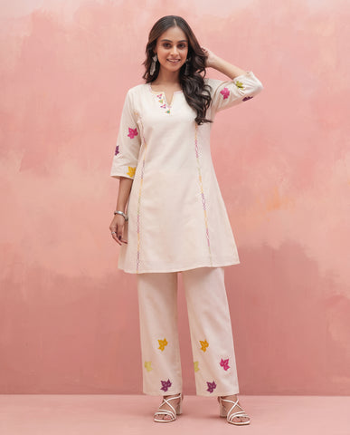 Women's Ivory Cotton Embroidered Kurta Pants Set