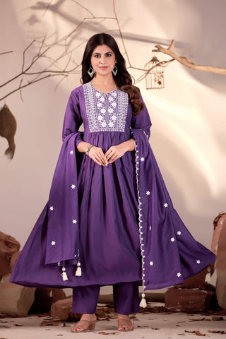 Purple Flared Anarkali Kurta Set with White Chikankari Embroidery