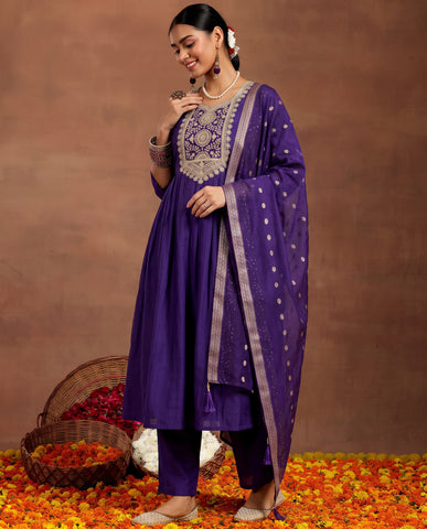 Women's Purple Embroidered Work Kurta Suit Set with Dupatta