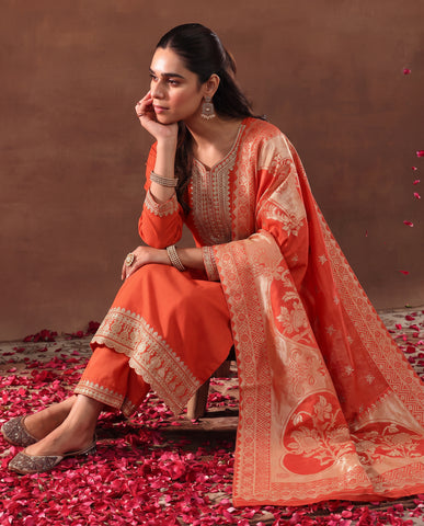 Women's Orange Embroidered Kurta Set with Banarasi Dupatta
