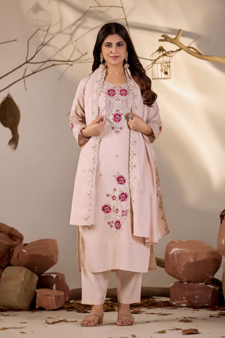 Blush Pink Straight Kurta Set with Magenta Floral Embroidery & Sequin Dupatta