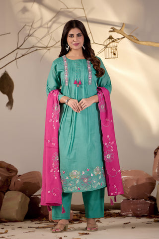 Sea Green Pintuck Kurta Set with Fuchsia Pink Floral Dupatta