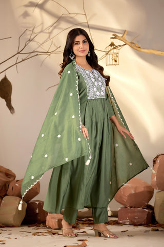 Olive Green Flared Anarkali Suit with White Embroidered Yoke