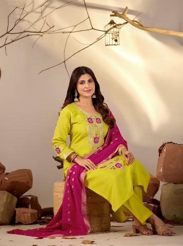 Lime Green Embroidered Kurta Set with Rani Pink Banarasi Dupatta
