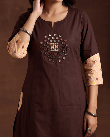 Coffee Brown Mirror Work Kurta with Ikat Print Sleeves & Pant