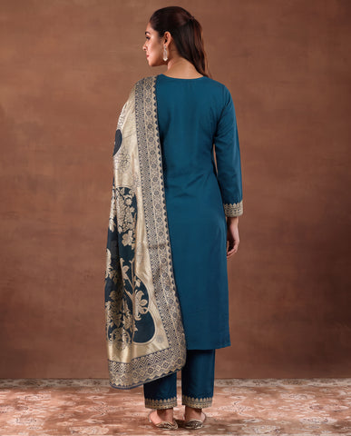 Women's Festive Teal Embroidered Kurta Suit Set with Dupatta
