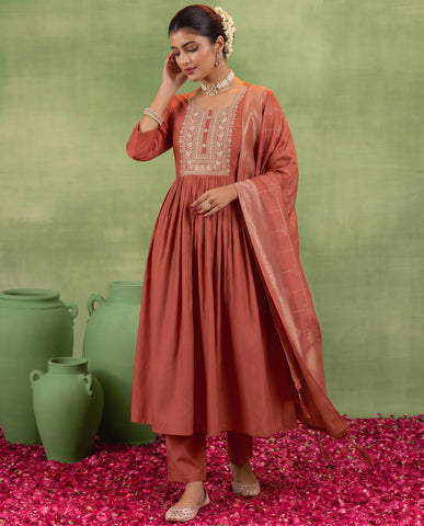 Women's Rust Embroidered Ethnic Kurta Suit Set with Jacquard Dupatta