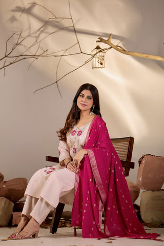 Blush Peach Embroidered Kurta Set with Rani Pink Woven Dupatta