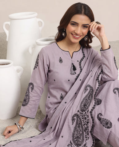 Violet Embroidered Cotton A-Line Suit Set for Women with Dupatta