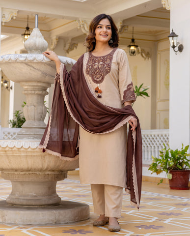 Beige Straight Kurta Set with Brown Peacock Embroidery & Lace-Border Dupatta