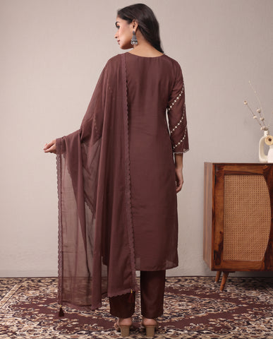 Brown Embroidered Cotton A-Line Kurta Set with Dupatta
