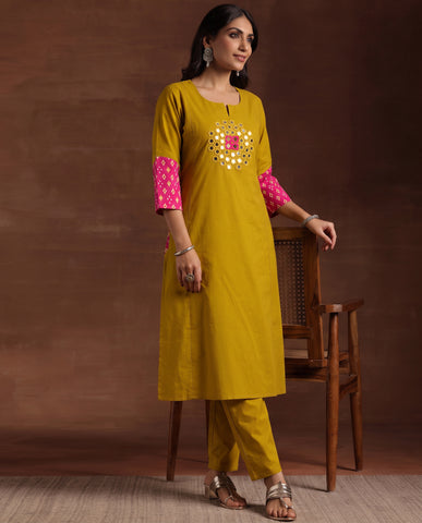 Women's Mustard Yellow Kurta Pant Set with Mirror Work