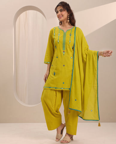 Lemon Green Embroidery Worked Short Kurta Suit Set With Dupatta