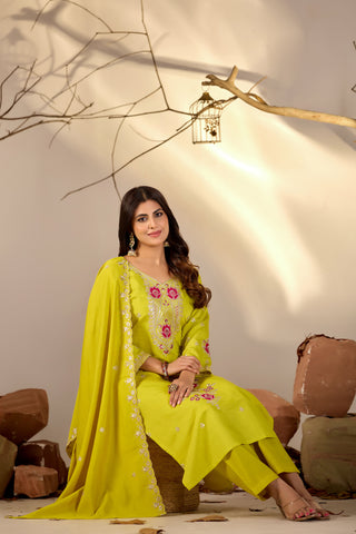 Lime Green Embroidered Straight Kurta Set with Scalloped Dupatta