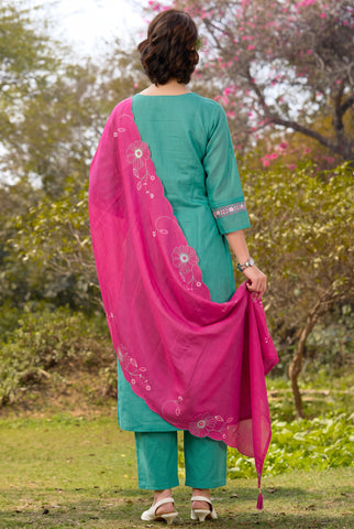Sea Green Pintuck Kurta Set with Pink Floral Dupatta