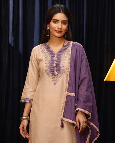 Cream Embroidered Cotton A-Line Suit Set for Women with Purple Dupatta